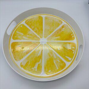 The Spring Shop 14in Round Melamine Serving Tray with Handles, Lemon Print NEW